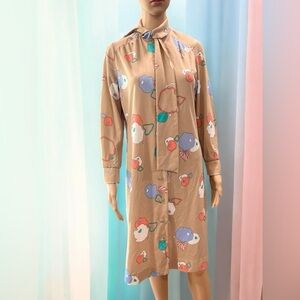 Vintage 70’s shift Union made abstract novelty neck long sleeve midi dress-L/XL